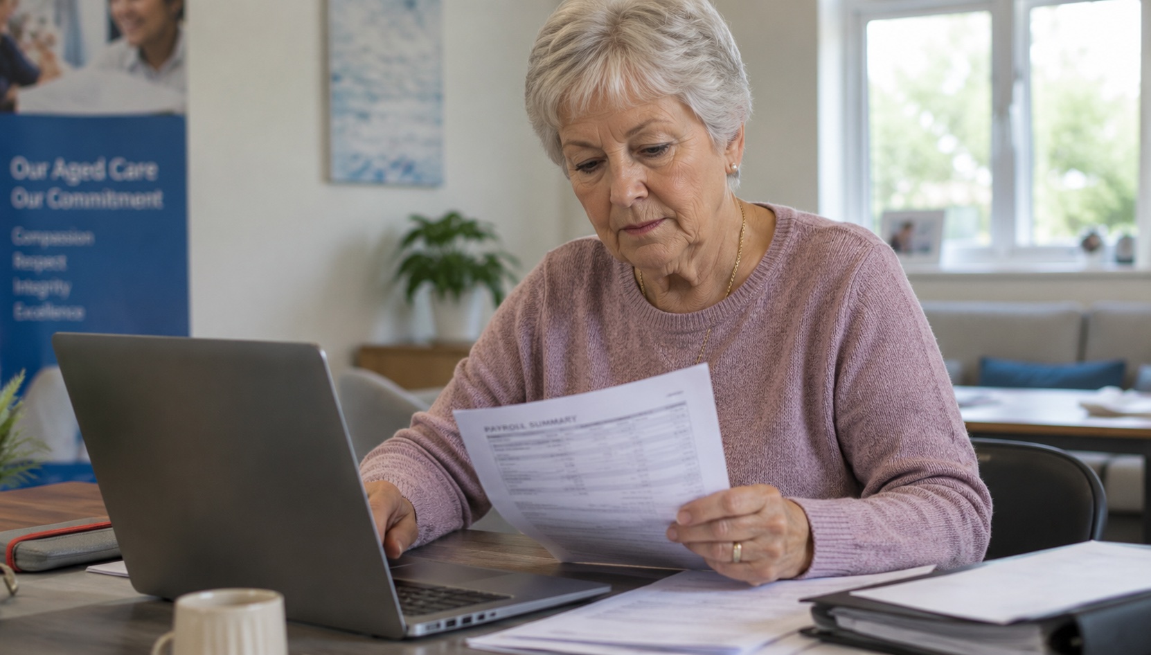 Aged care administrator reviewing payroll documentation at a wooden desk