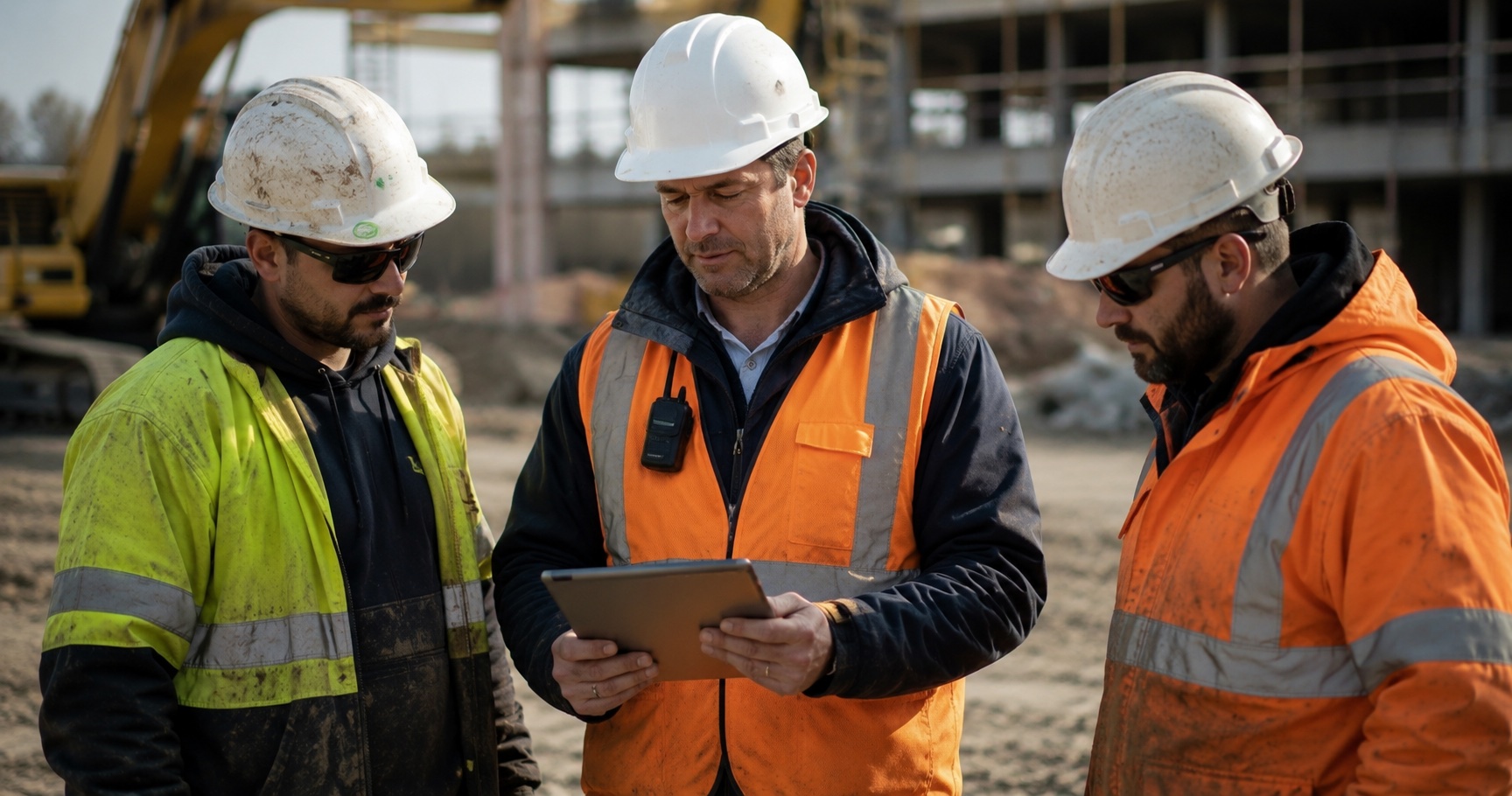 Civil construction supervisor with tablet talking with a worker on site