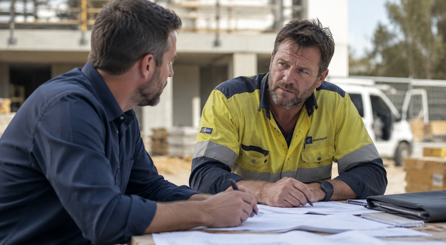 Construction business owner reviewing legal paperwork at an on-site desk
