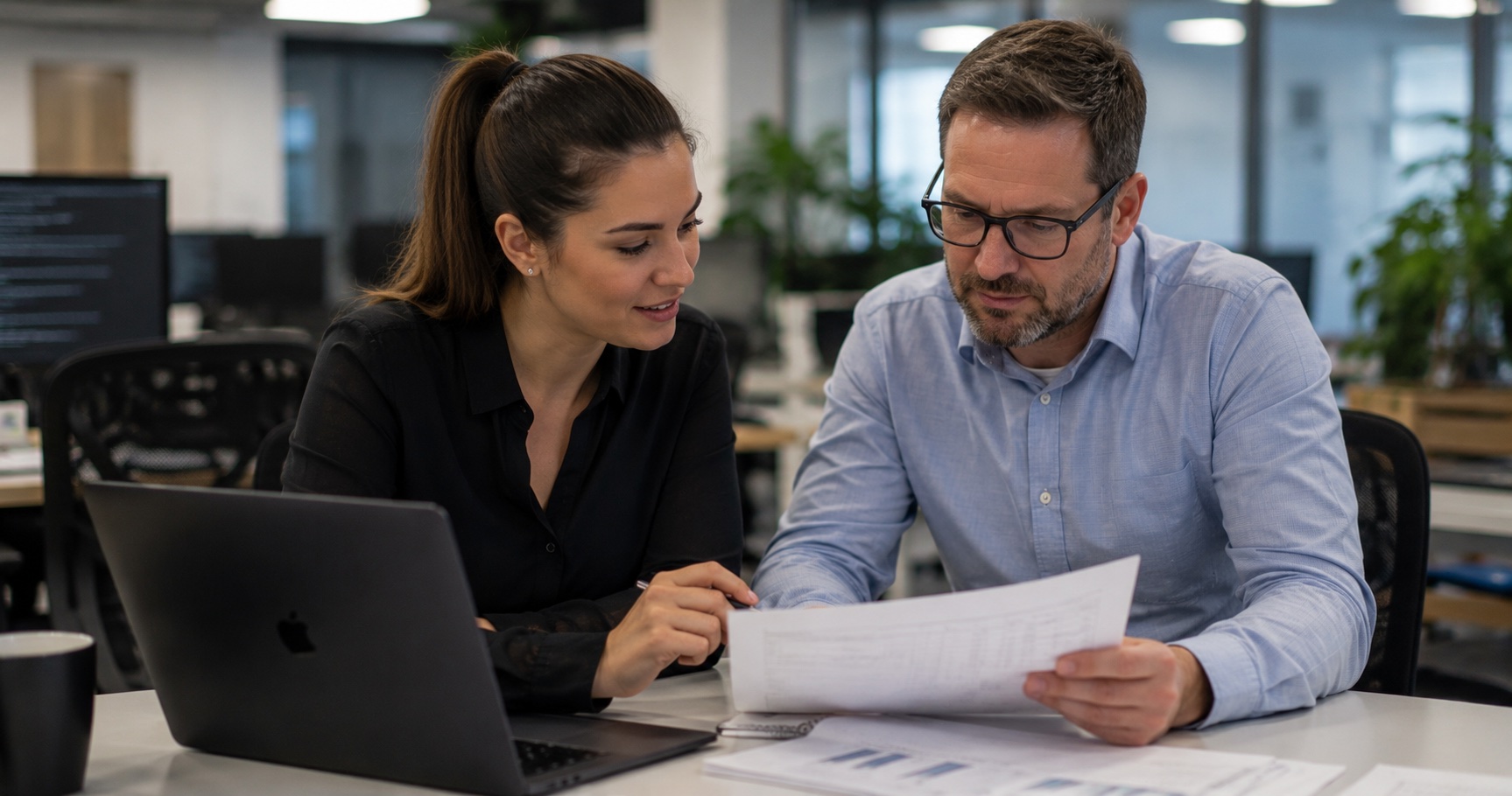 Two professionals reviewing spreadsheets on a laptop in a modern office
