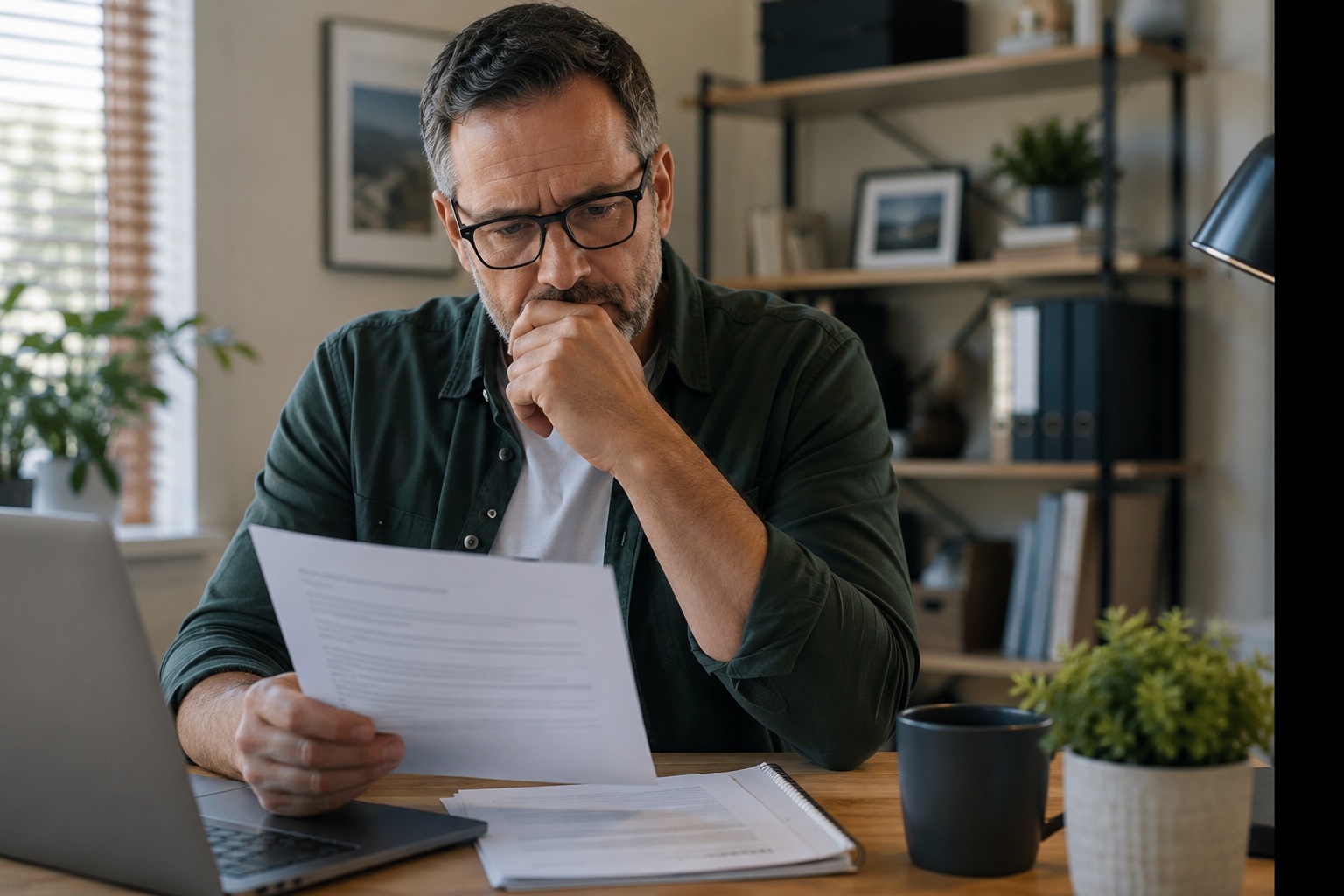 Pool service business owner reviewing employee paperwork at a desk