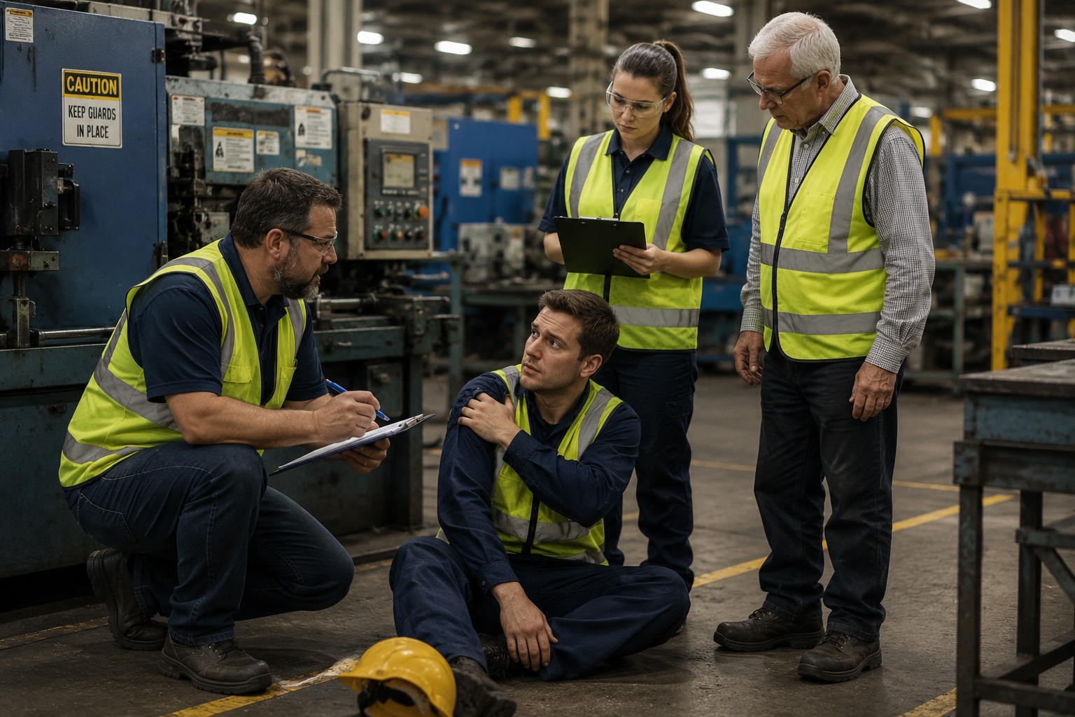 Safety supervisor with clipboard inspecting manufacturing equipment